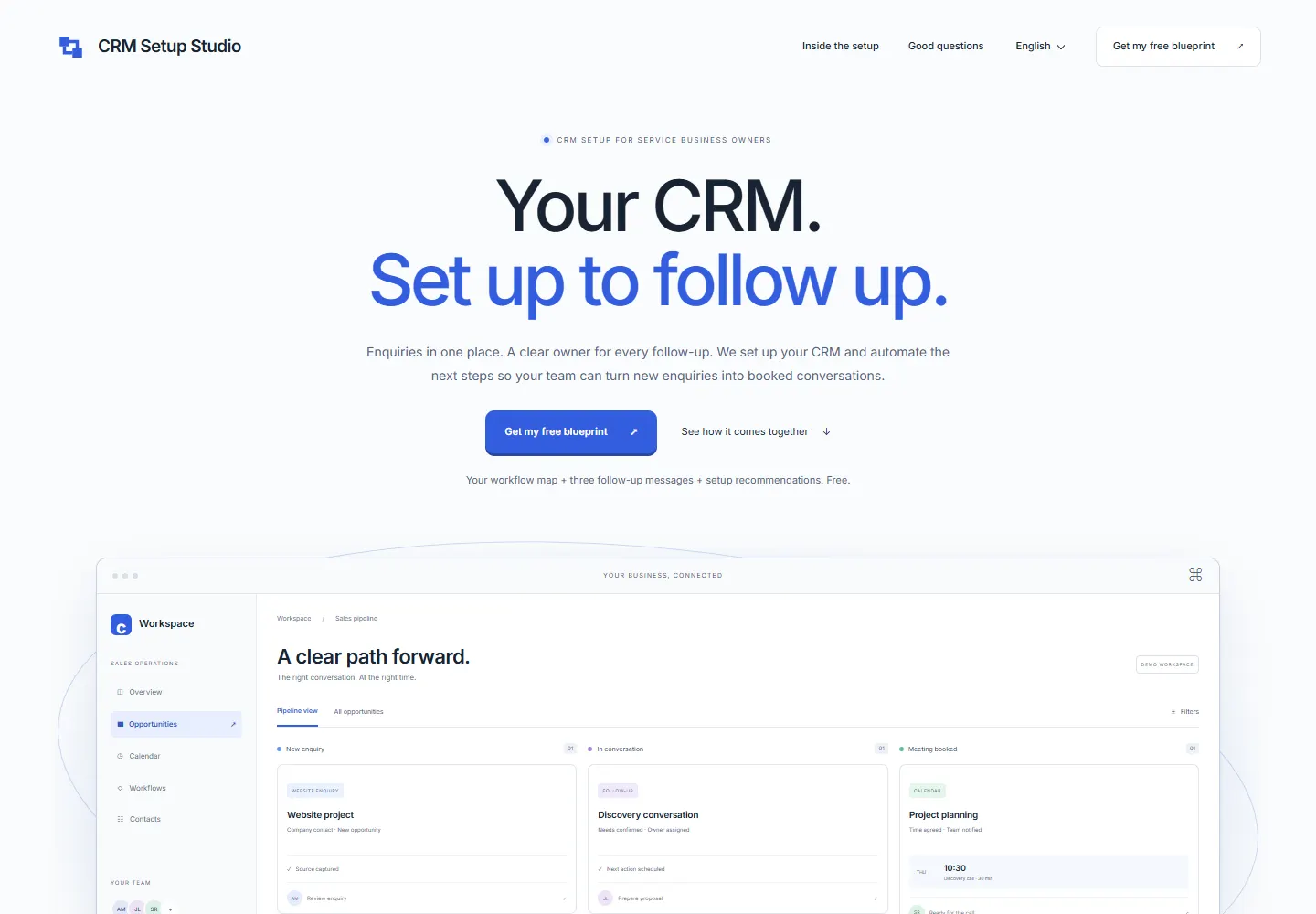 Anteprima della homepage del sito web di CRM Setup Studio