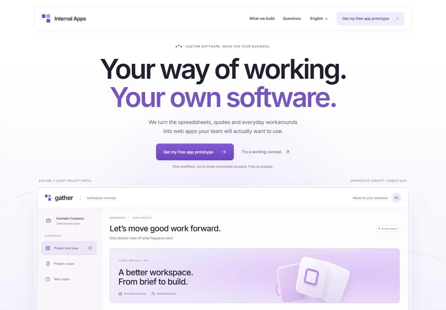 Anteprima della homepage del sito web di Internal Apps