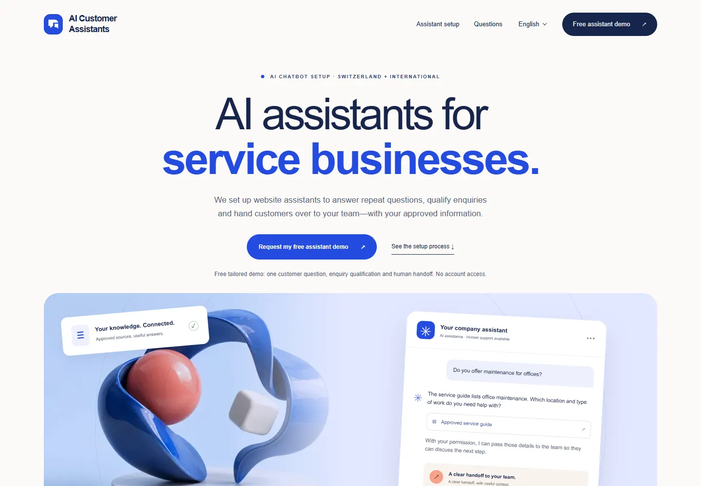 Anteprima della homepage del sito web di AI Customer Assistants