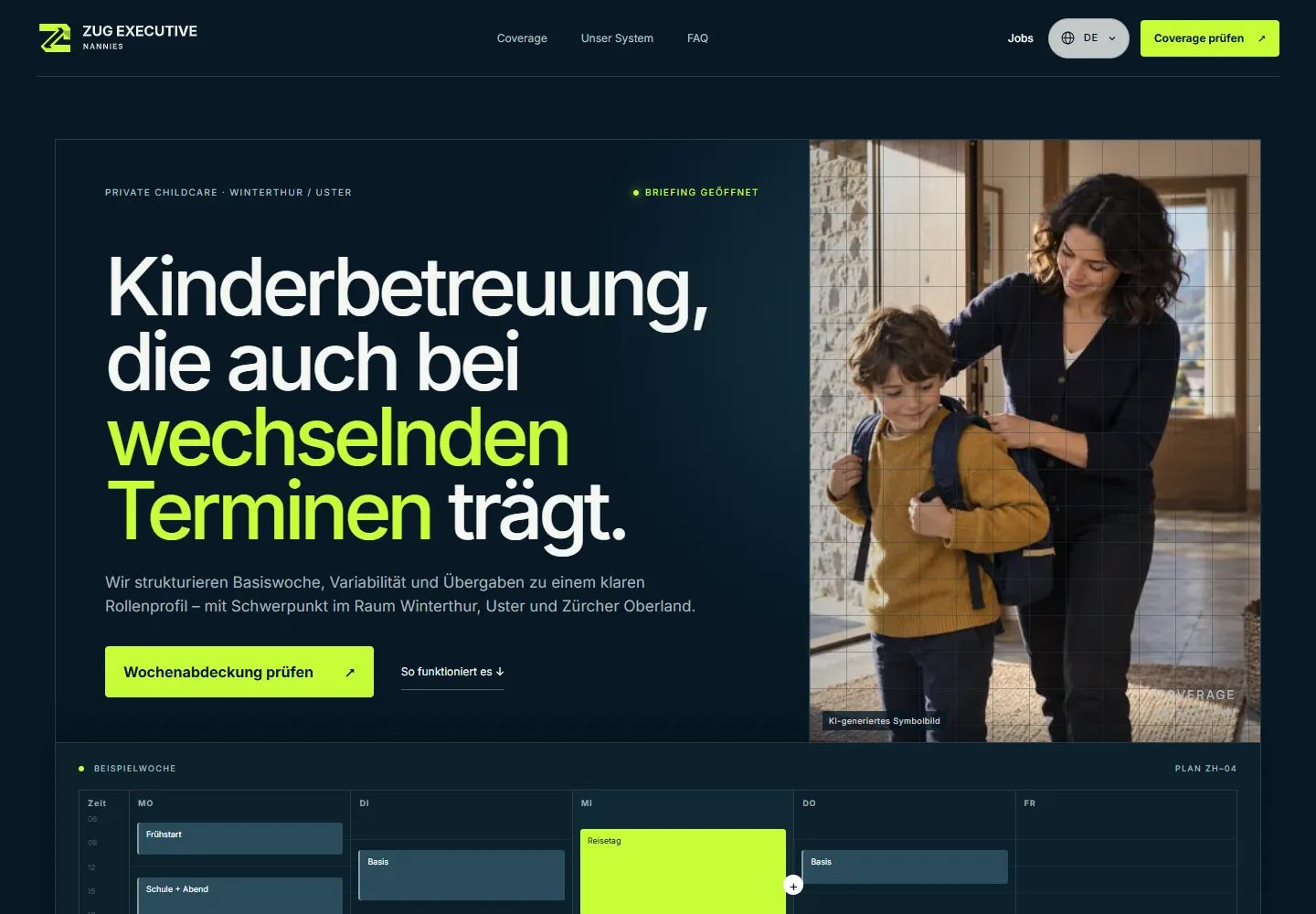 Anteprima della homepage del sito web di Zug Executive Nannies