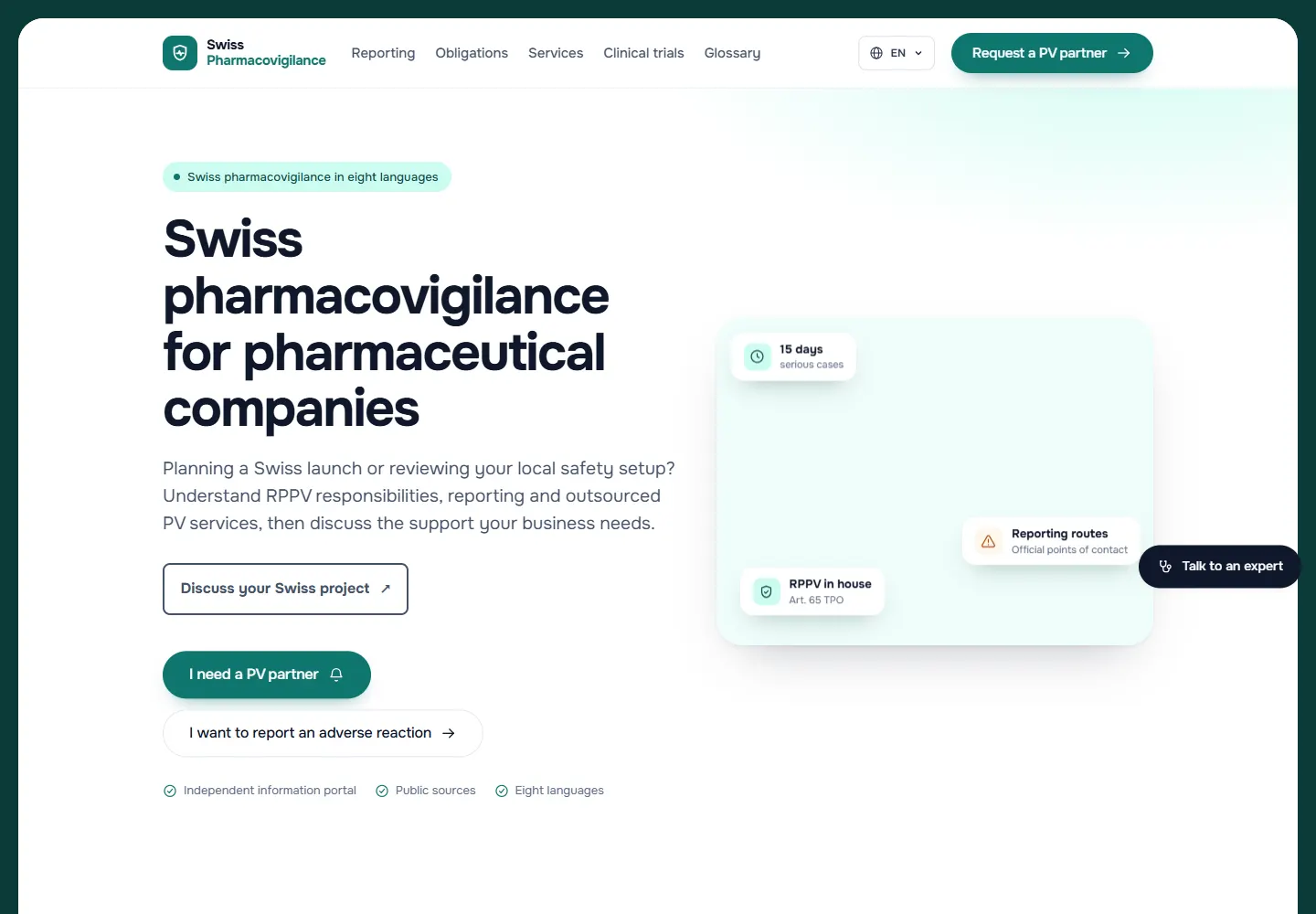 Anteprima della homepage del sito web di Swiss Pharmacovigilance