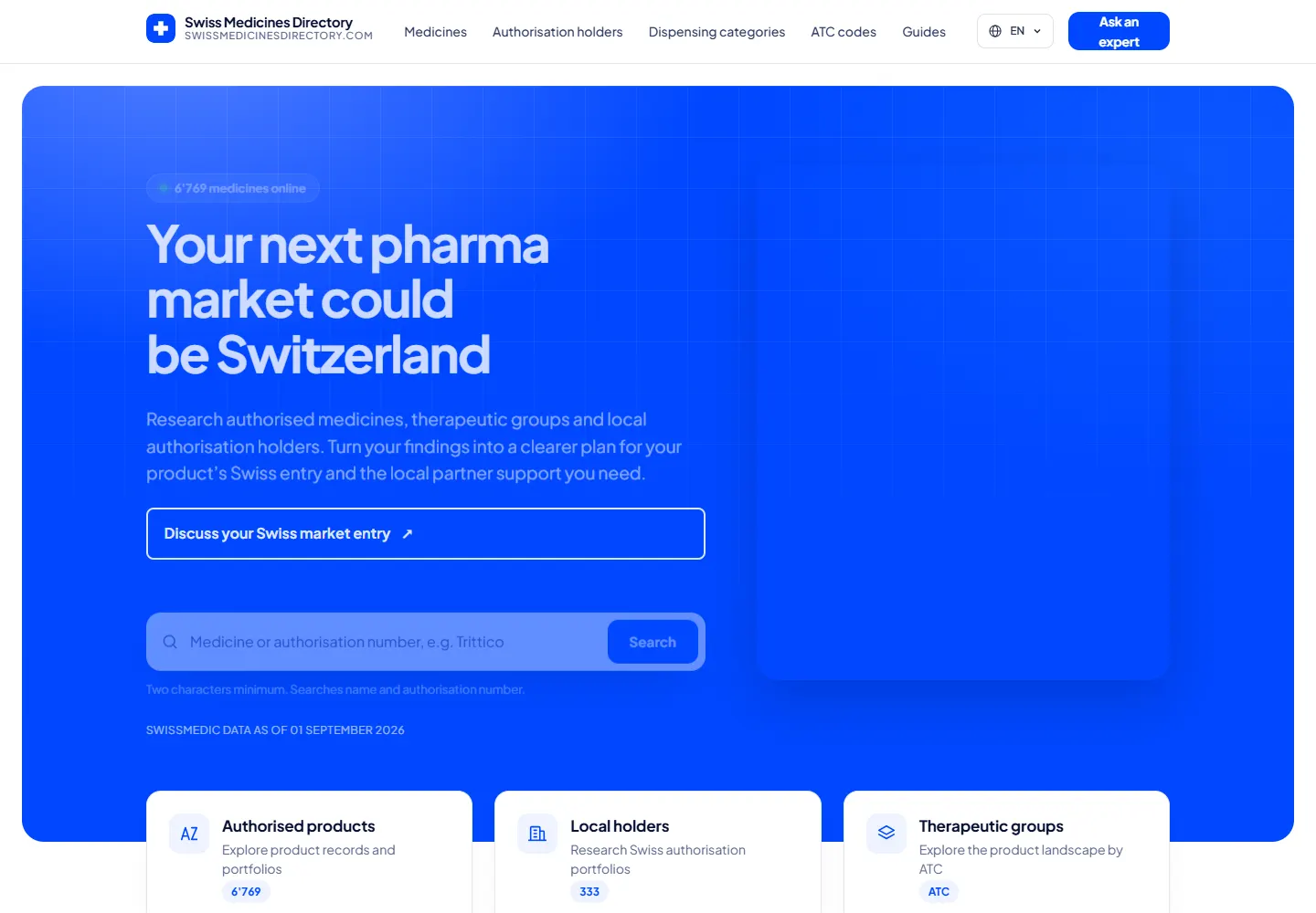 Anteprima della homepage del sito web di Swiss Medicines Directory