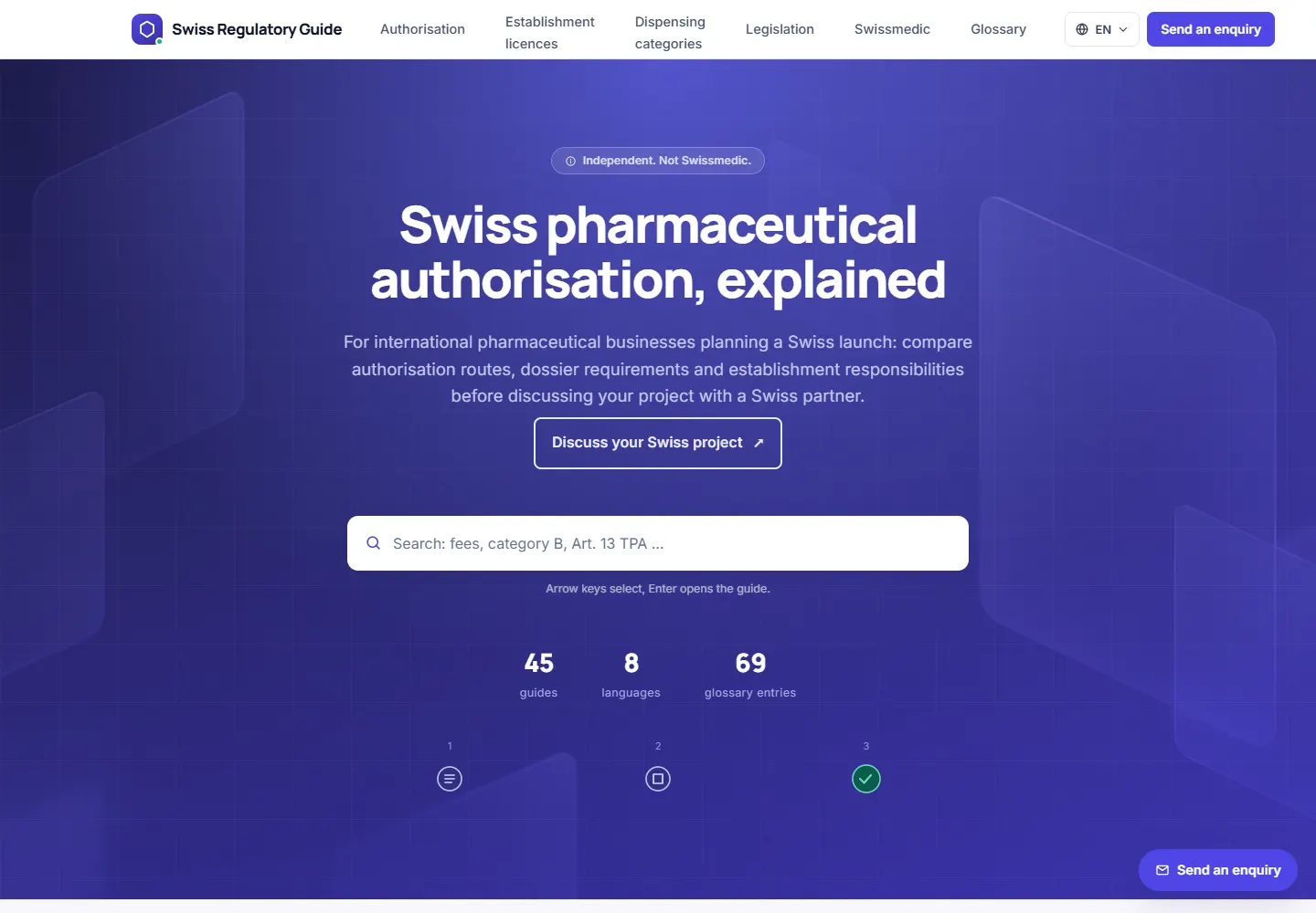 Anteprima della homepage del sito web di Swiss Regulatory Guide