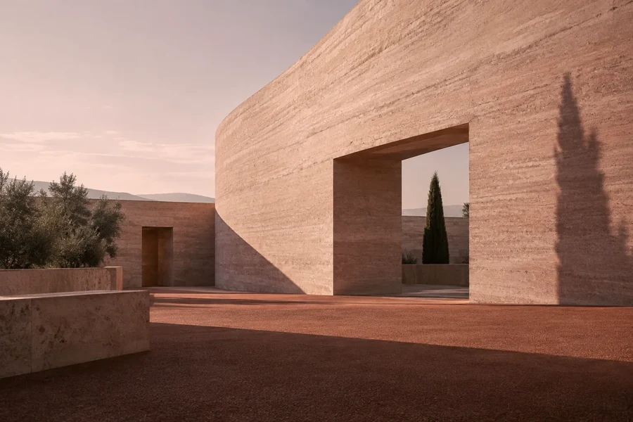 Original architectural concept showing sculptural pink stone walls